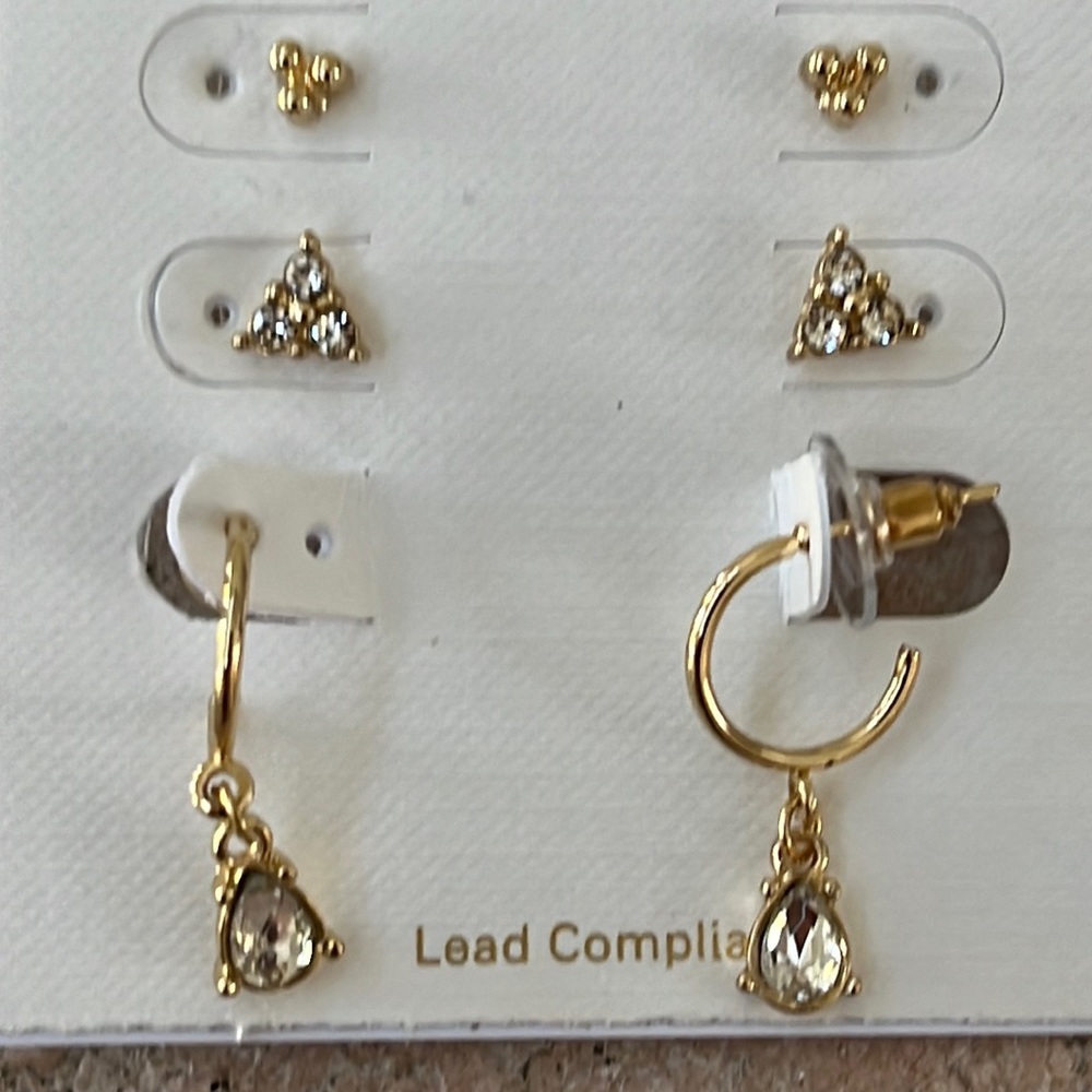 3 pairs of crystal and gold earrings. New with tags.